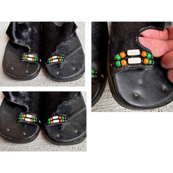 Naked Feet Sandals Flats 8.5 Beaded Toe Loop Black Leather Nubuck Square… - Picture 5 of 13